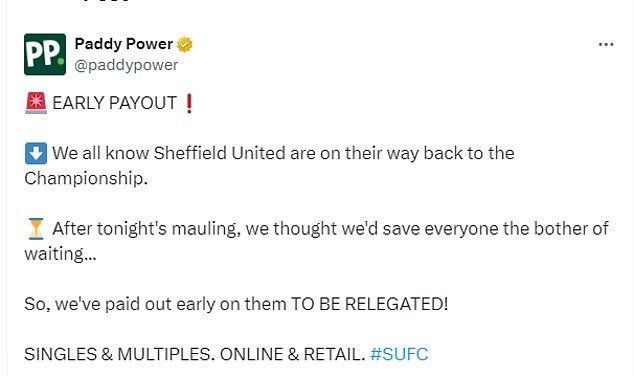 Paddy Power admite que el Sheffield United ya está apostando por el descenso al campeonato después de que los Blades perdieran 6-0 ante el Arsenal en Bramall Lane.

 MEAS MAGZ